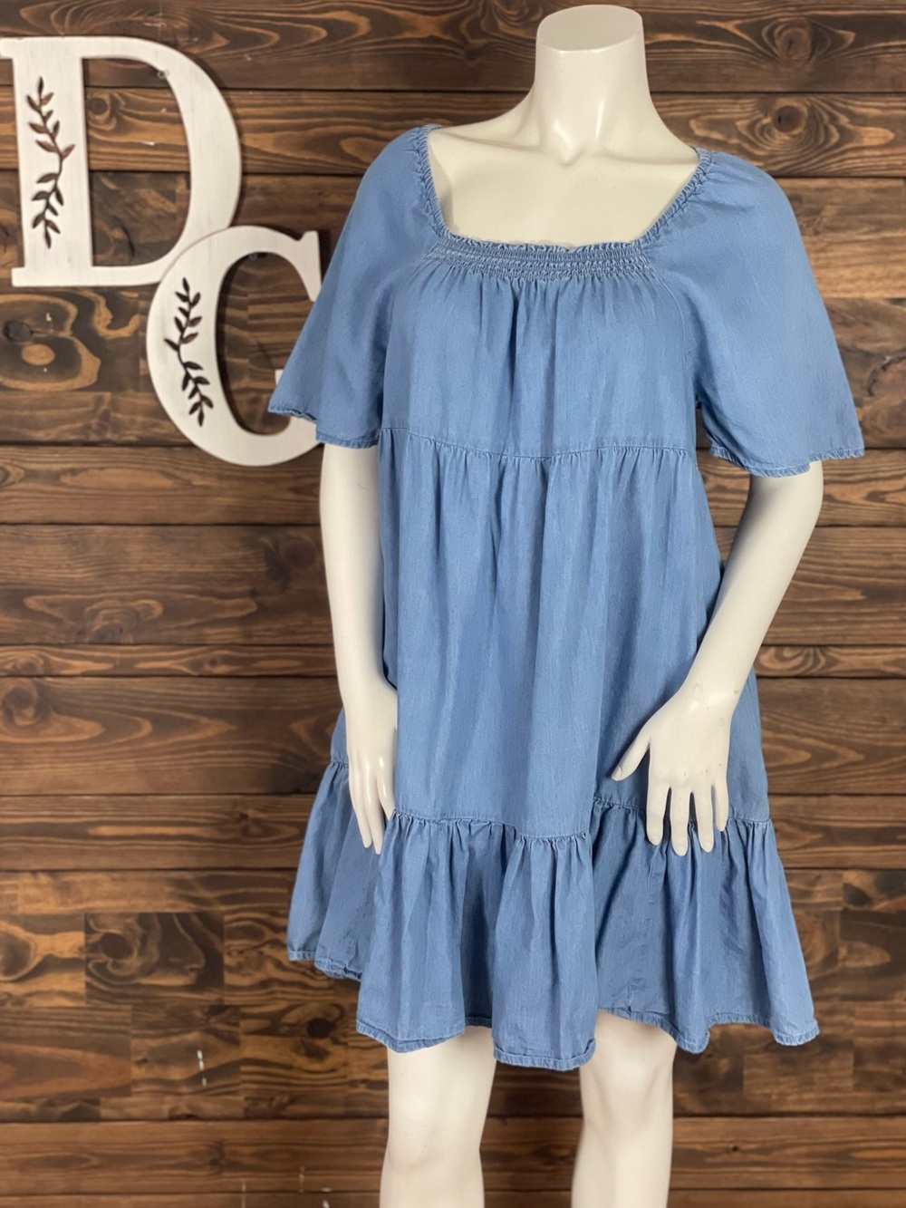 Chambray Denim Light Blue Jean Smocked Shirred Square-Neck Tiered Dress‎